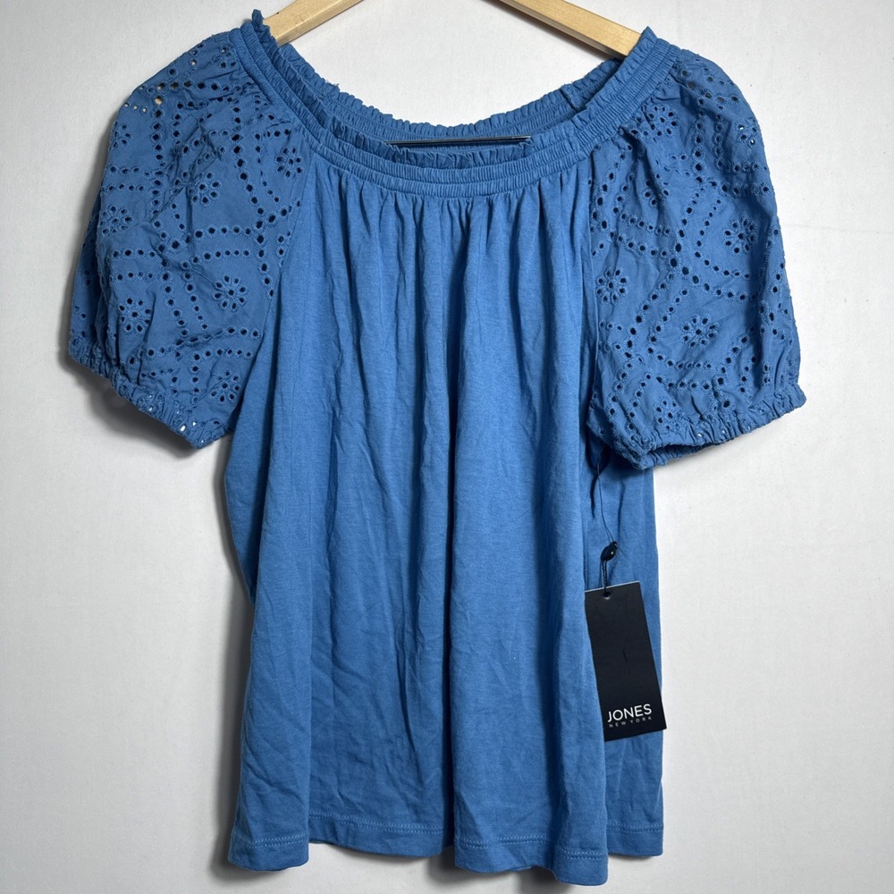 Jones New York Womens Smocked‎ Puff Sleeve Pullover Top Shirt Blue Petite Small